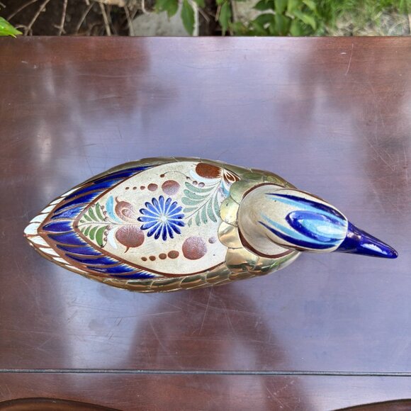 Vintage Mexican Tonala Duck Hand Painted Folk Art Bird with Solid Brass Overlay - Picture 6 of 13